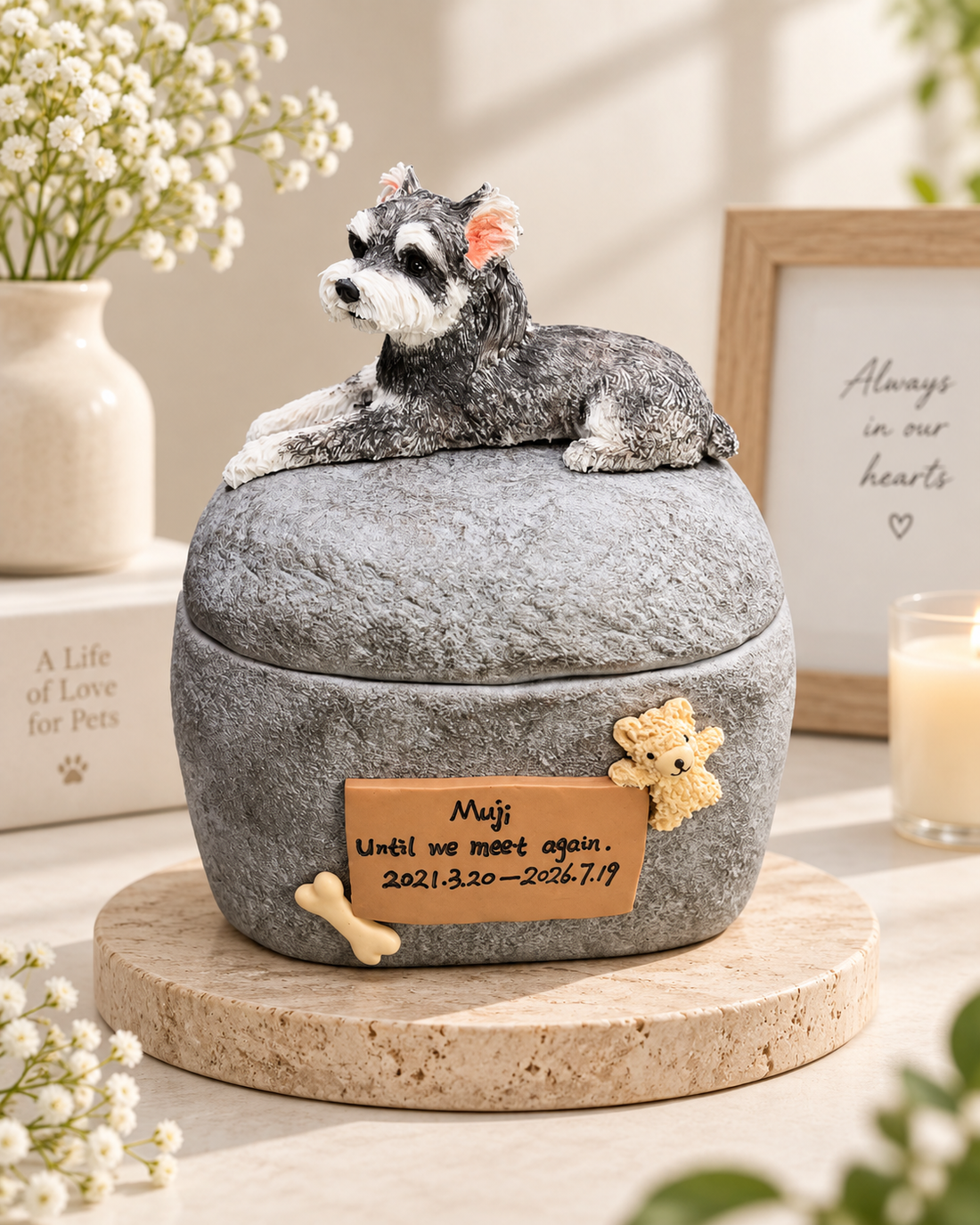 Personalized pet memorial urn with handmade pet figurine