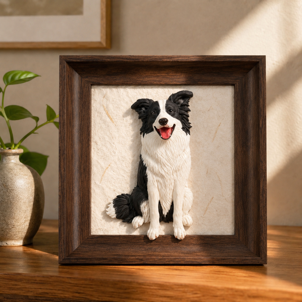 Custom 3D black and white dog portrait frame created from a pet photo