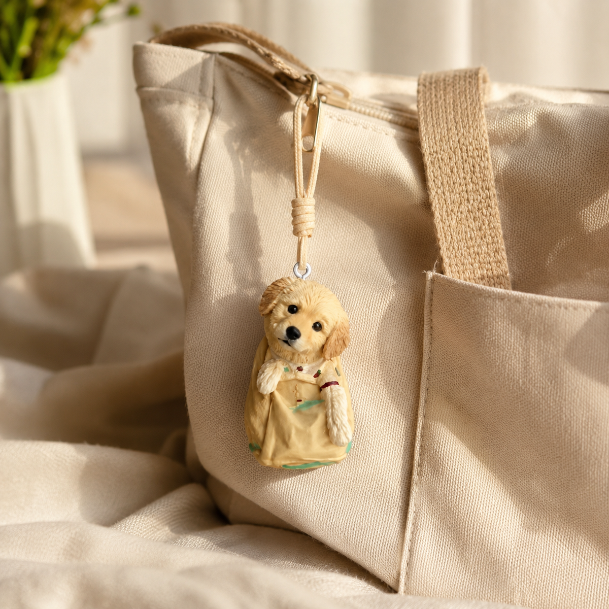 Custom 3D dog bag charm attached to a beige handbag