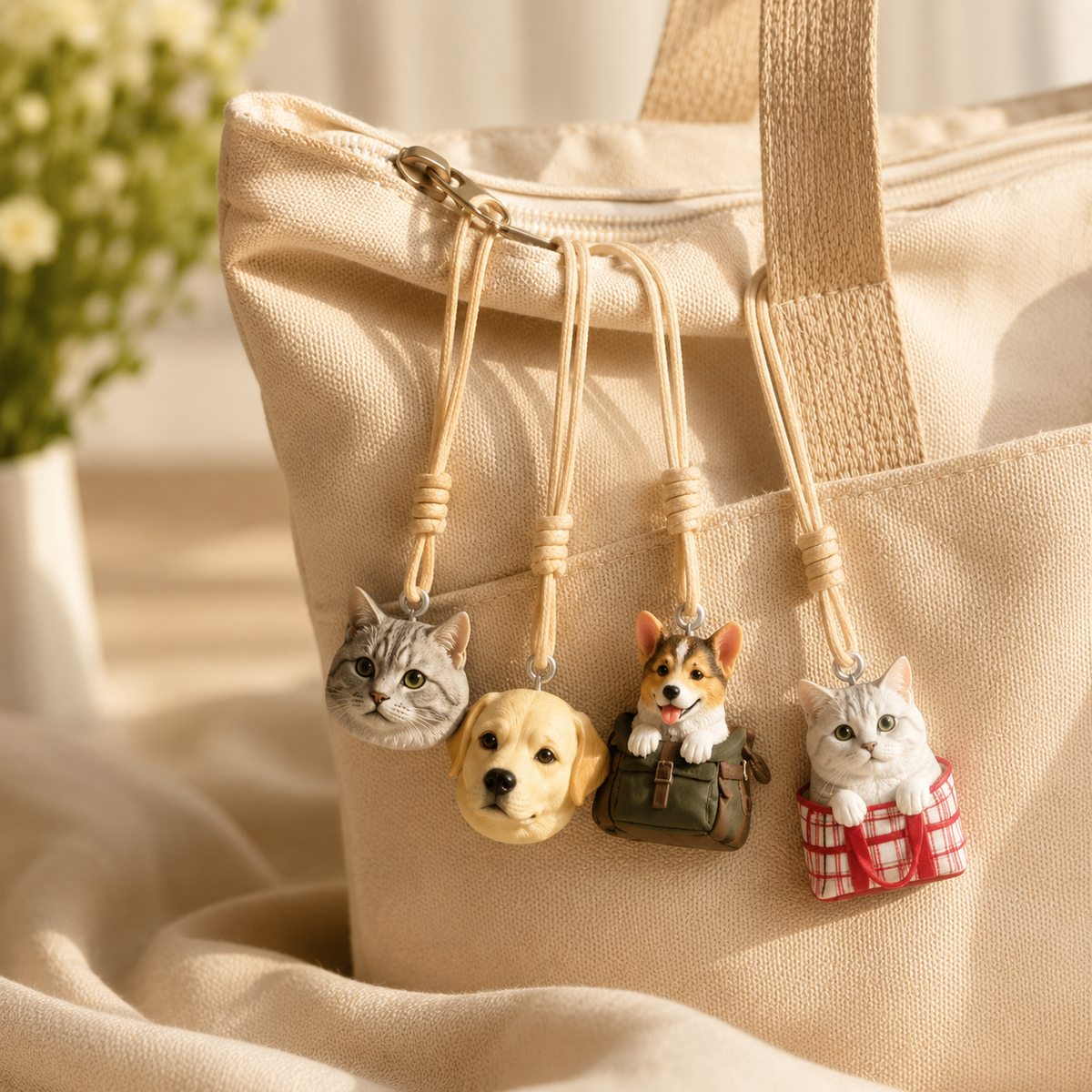 Personalized dog and cat bag charms displayed on a handbag