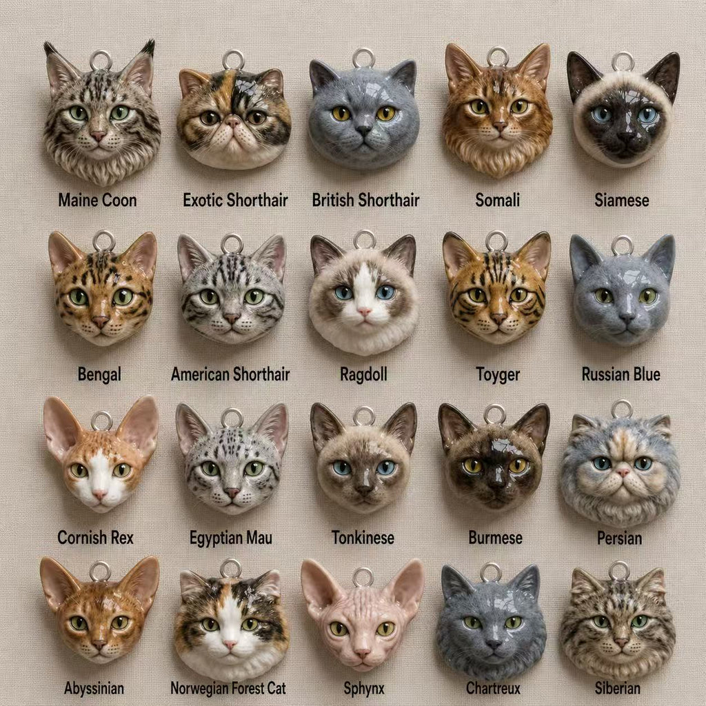 Custom cat portrait charms handmade from pet photos in different cat breeds