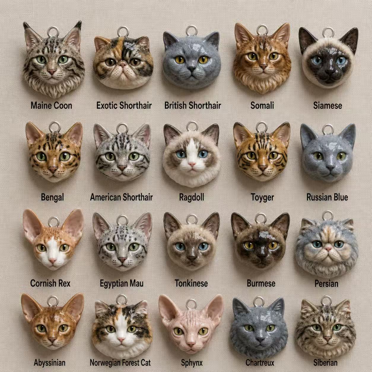 Custom cat portrait charms handmade from pet photos in different cat breeds
