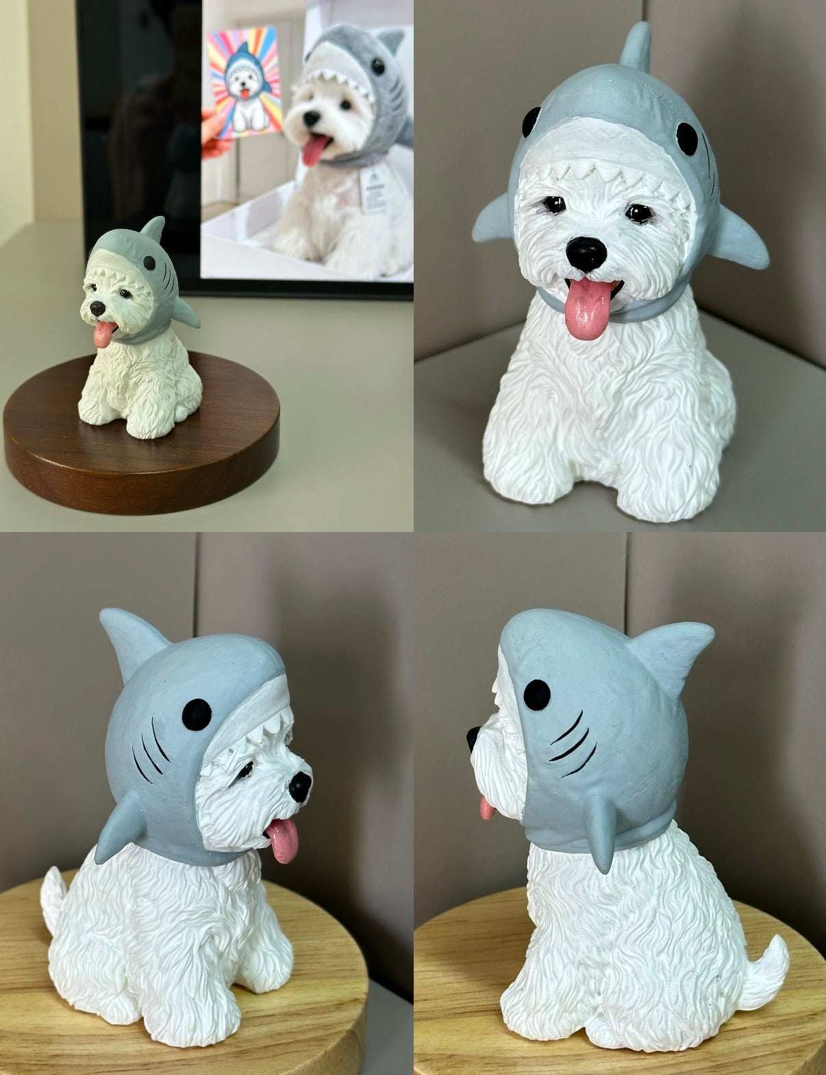 Custom handmade dog figurine in a shark costume created from a pet photo