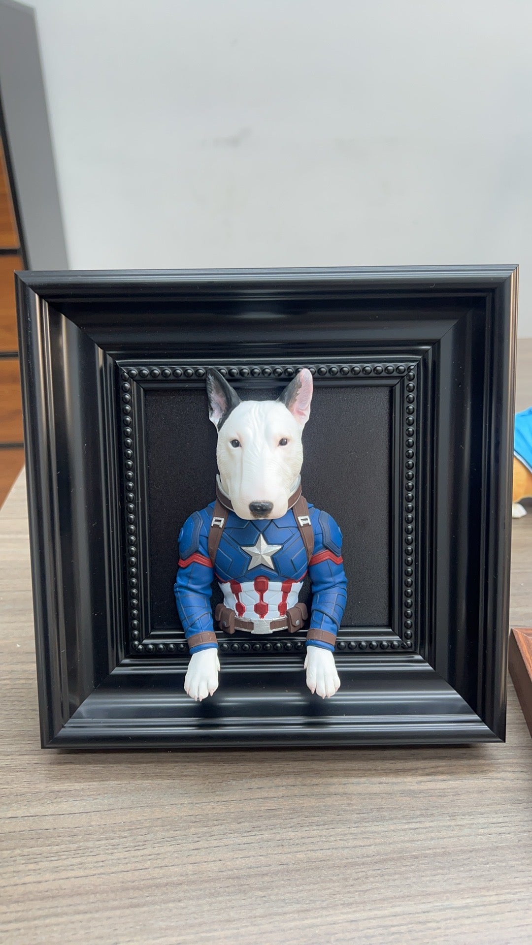Personalized 3D dog portrait frame with a custom superhero outfit