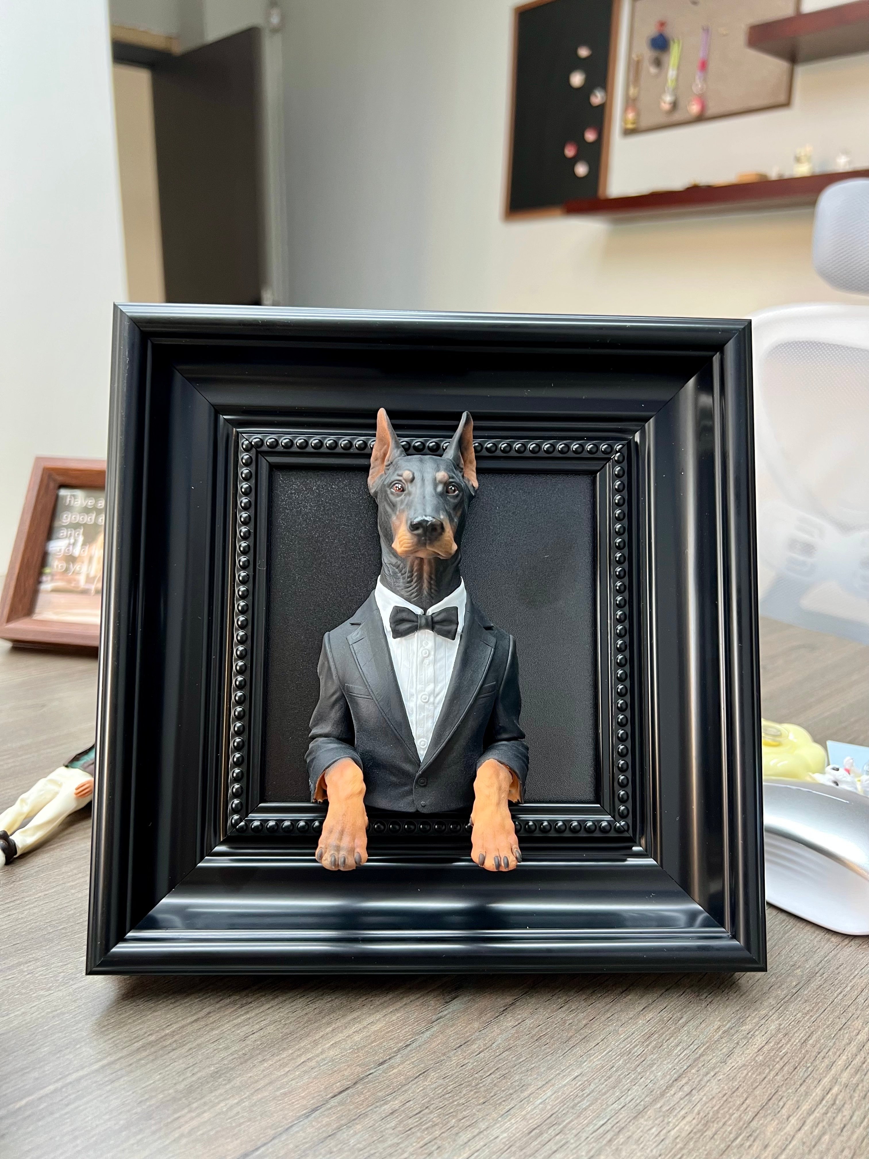 Custom 3D dog portrait frame with a personalized tuxedo outfit