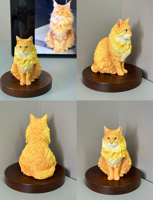 Custom orange cat figurine handmade from a pet photo, shown from multiple angles