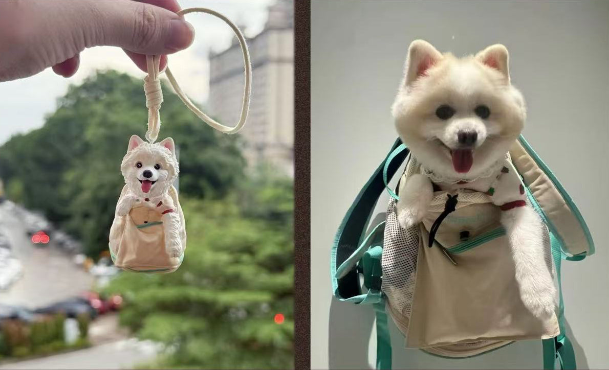 Personalized dog bag charm shown beside the real pet used as photo reference